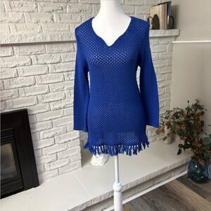 Tribal Royal Blue Open Knit Fringe Hem Sweater Size Medium